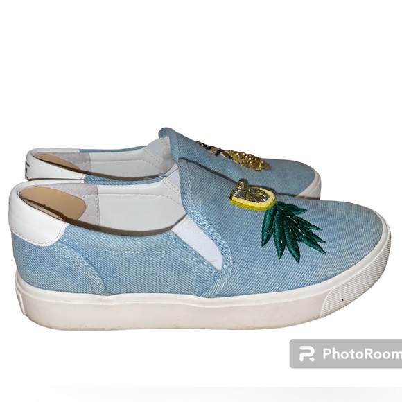 🍋 🍍 Sam Edelman Denim Lemon/Pineapple Appliqué Sneaker Shoes Size 5 🍋🍍 - Picture 2 of 6